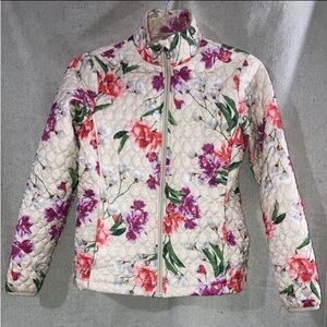 Lands End Quilted Floral Puffy Jacket Women’s size XS Cream Red Puffer Coat